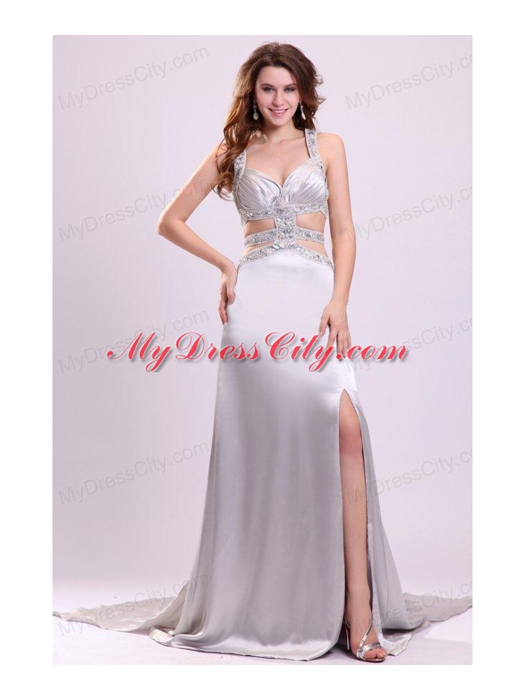 Column Straps Beading Ruching Satin High Slit Gray Prom Dress