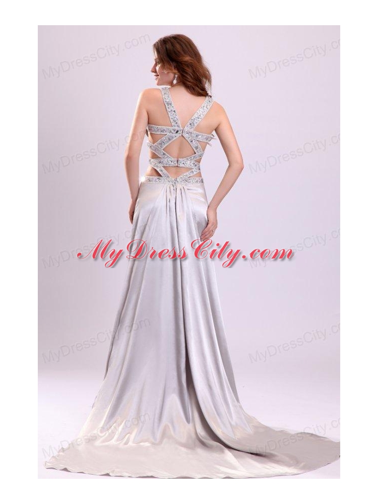 Column Straps Beading Ruching Satin High Slit Gray Prom Dress