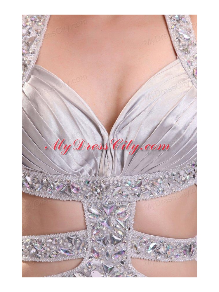 Column Straps Beading Ruching Satin High Slit Gray Prom Dress