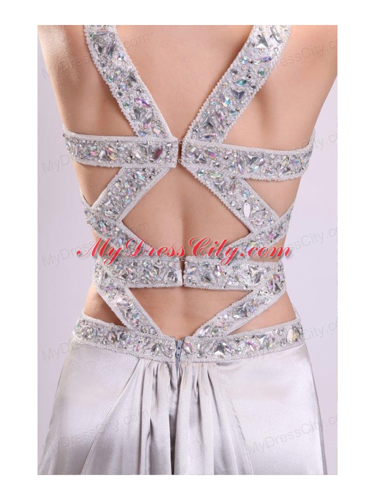 Column Straps Beading Ruching Satin High Slit Gray Prom Dress