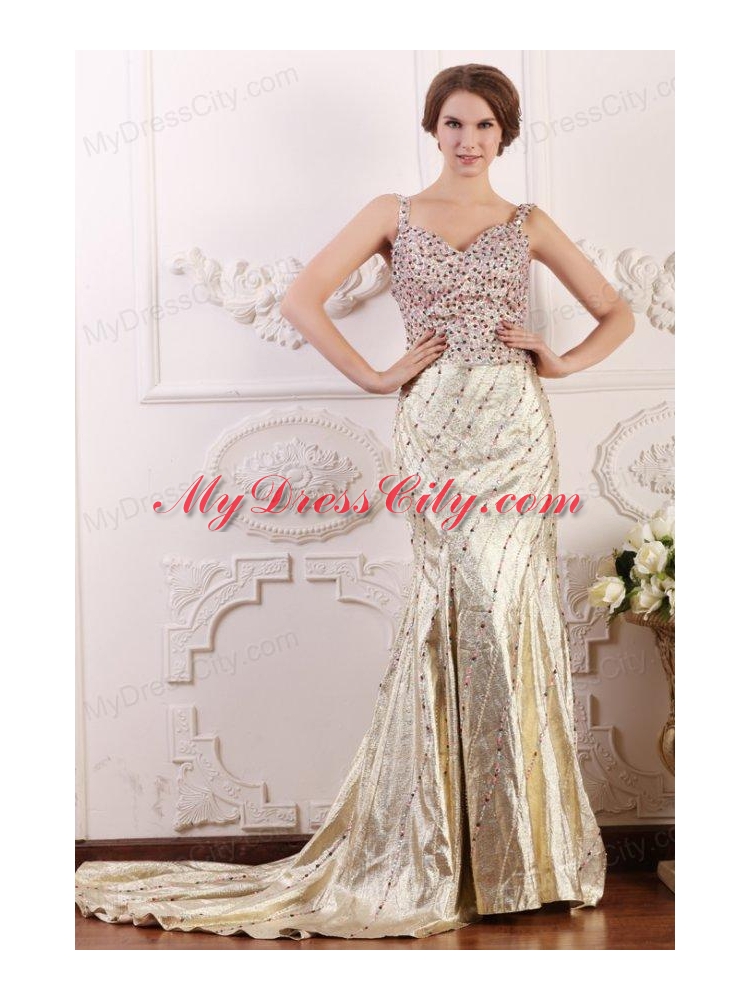 Court Train Column Straps Prom Dress with High Slit and Beading