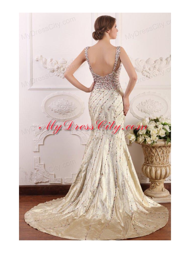 Court Train Column Straps Prom Dress with High Slit and Beading