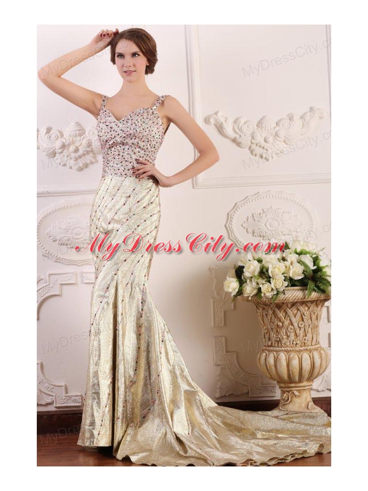 Court Train Column Straps Prom Dress with High Slit and Beading