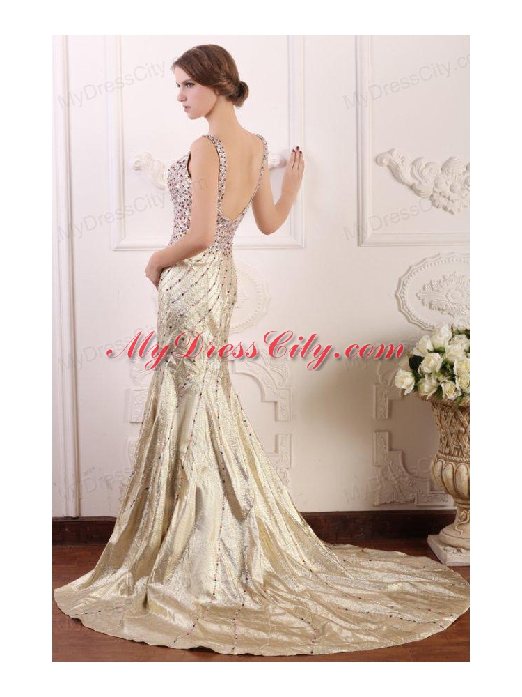 Court Train Column Straps Prom Dress with High Slit and Beading