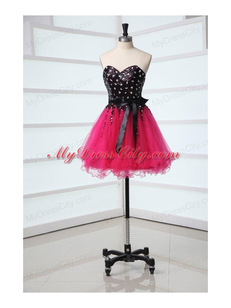 Cute Sweetheart Black and Hot Pink Prom Dress with Bowknot