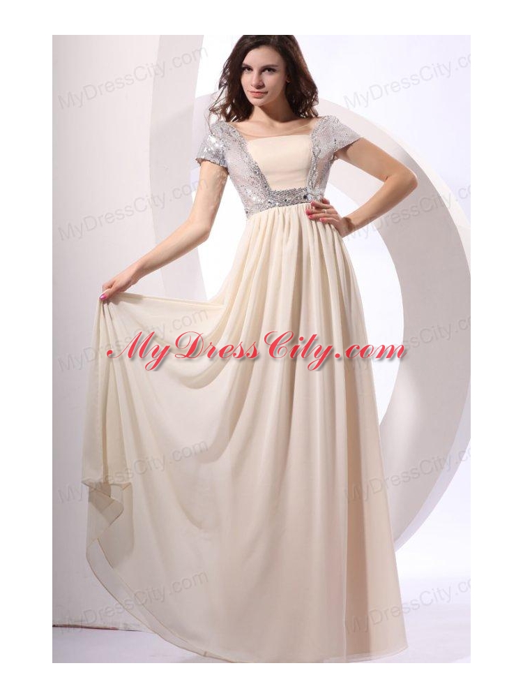 Empire Chiffon Scoop Champagne Long Prom Dress with Short Sleeves