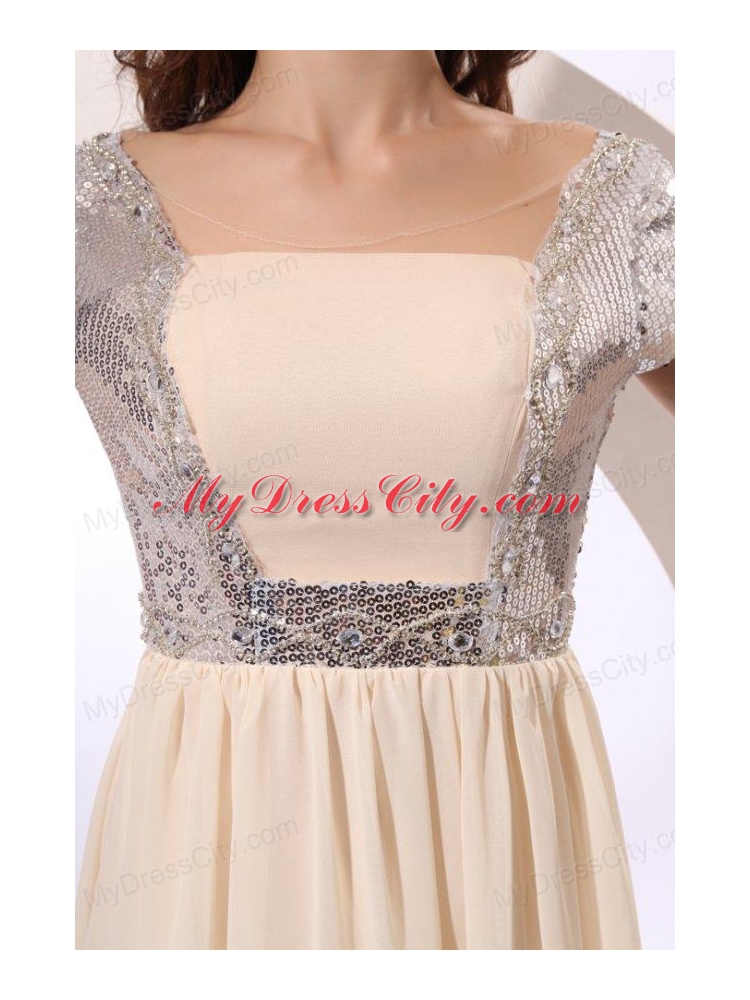 Empire Chiffon Scoop Champagne Long Prom Dress with Short Sleeves