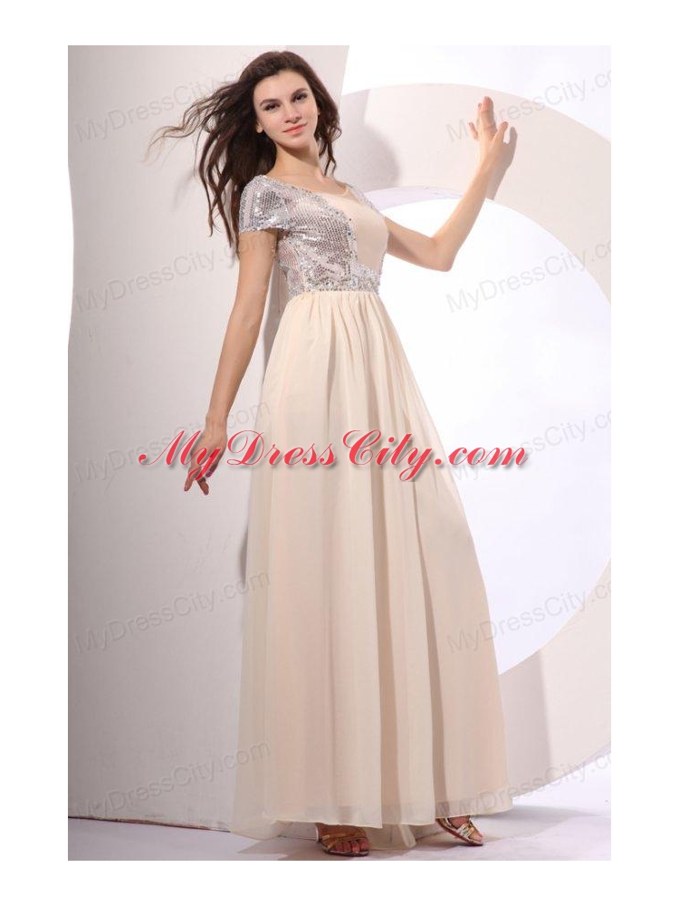 Empire Chiffon Scoop Champagne Long Prom Dress with Short Sleeves