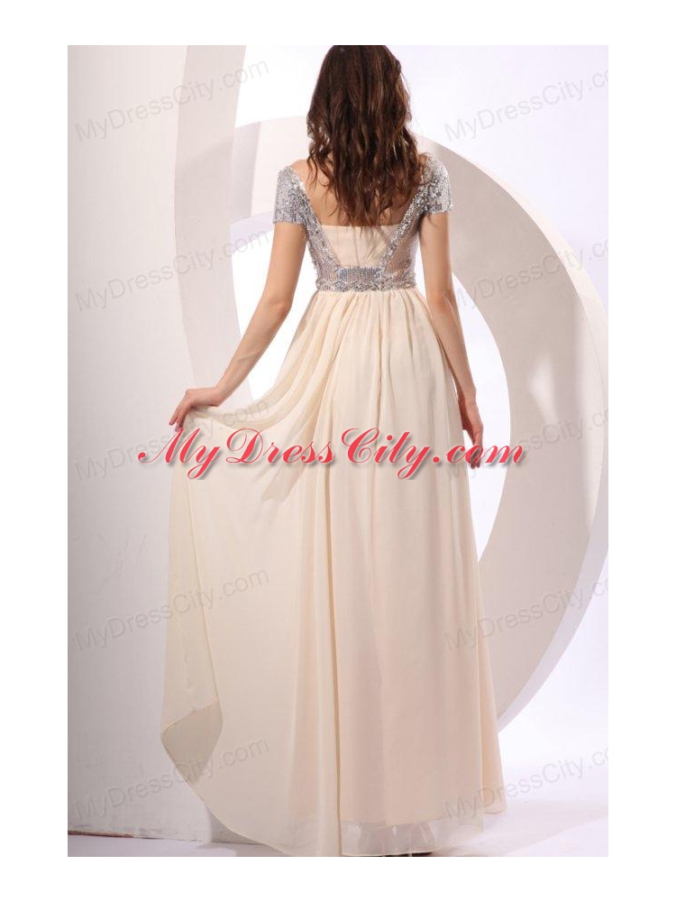 Empire Chiffon Scoop Champagne Long Prom Dress with Short Sleeves