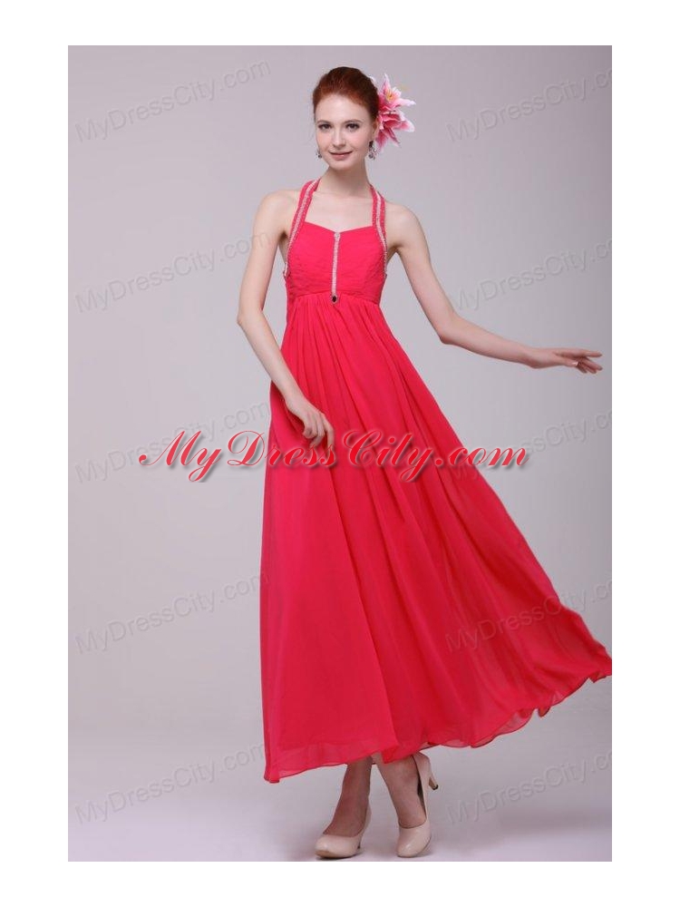 Empire Halter Top Neck Red Beading Ankle-length Prom Dress