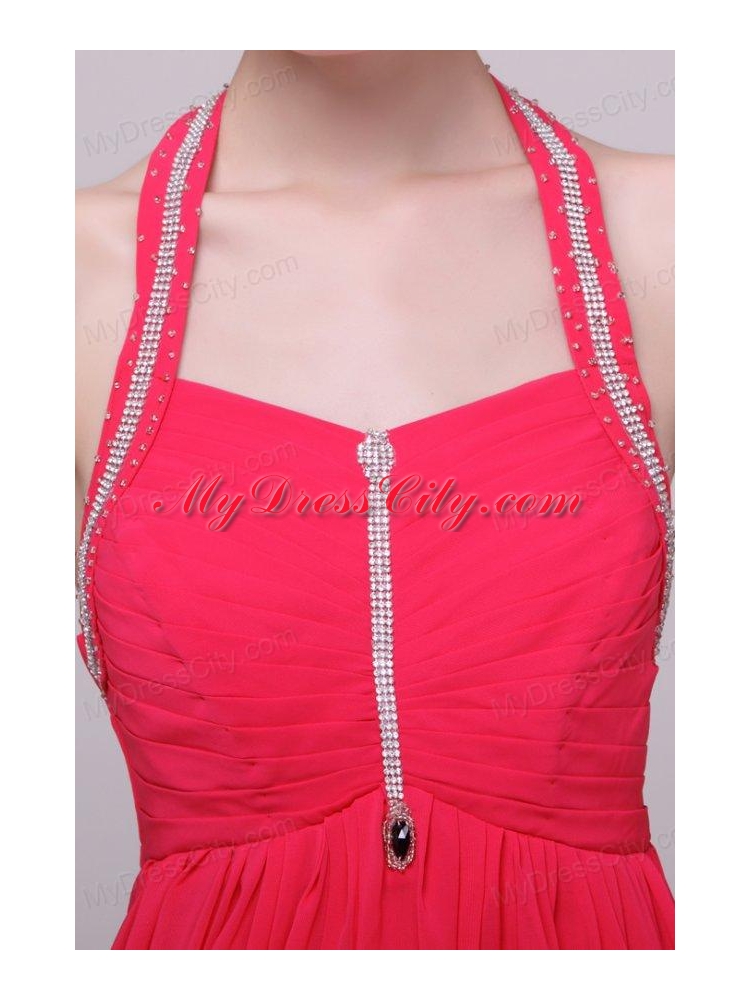 Empire Halter Top Neck Red Beading Ankle-length Prom Dress