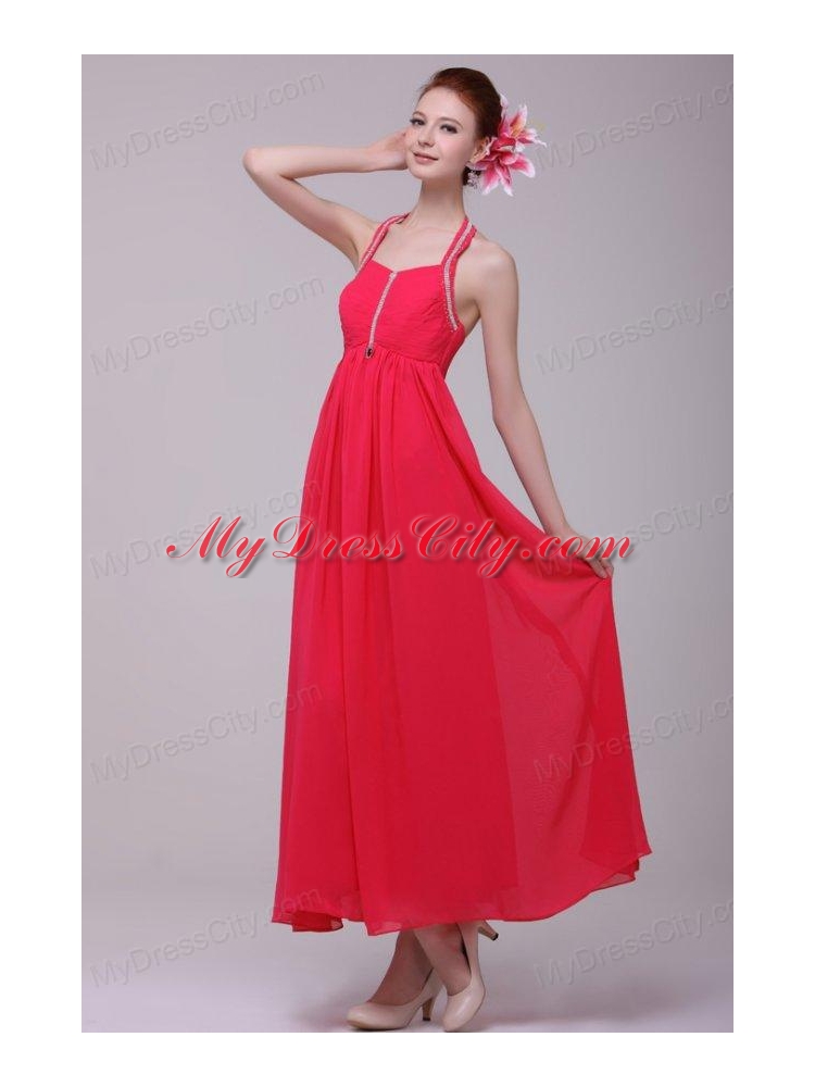 Empire Halter Top Neck Red Beading Ankle-length Prom Dress