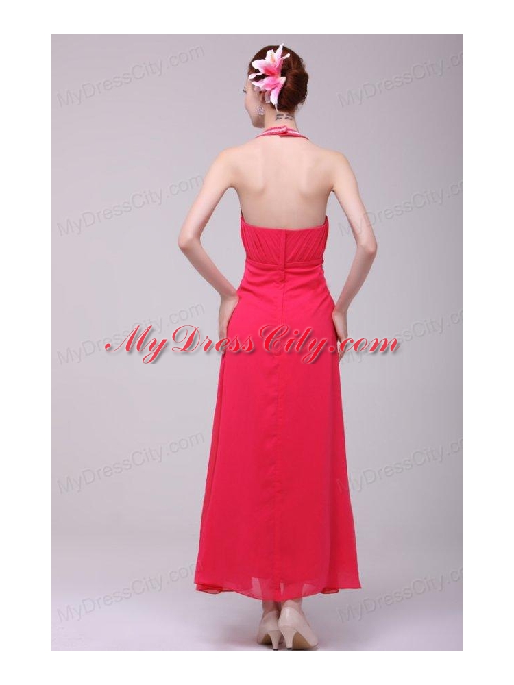 Empire Halter Top Neck Red Beading Ankle-length Prom Dress