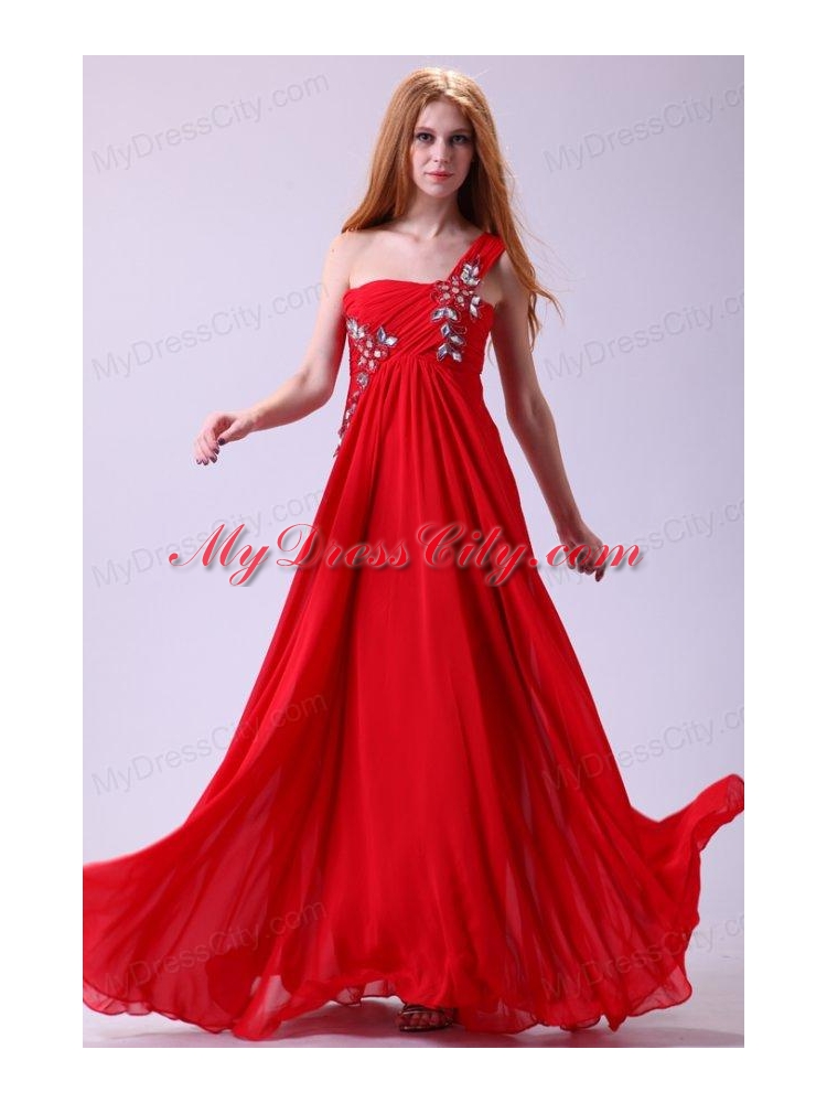 Empire One Shoulder Chiffon Red Prom Dress Beading Floor-length