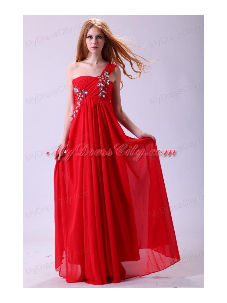 Empire One Shoulder Chiffon Red Prom Dress Beading Floor-length