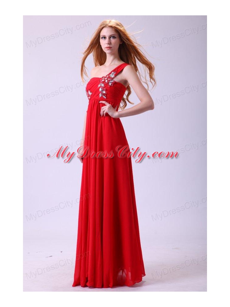 Empire One Shoulder Chiffon Red Prom Dress Beading Floor-length