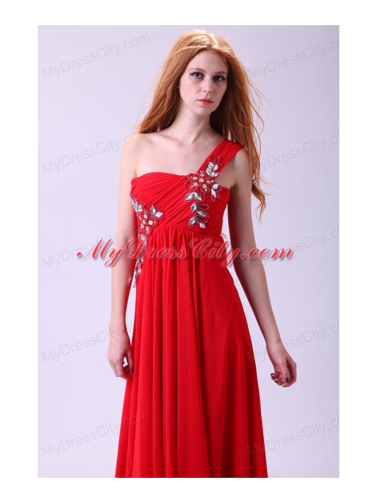 Empire One Shoulder Chiffon Red Prom Dress Beading Floor-length