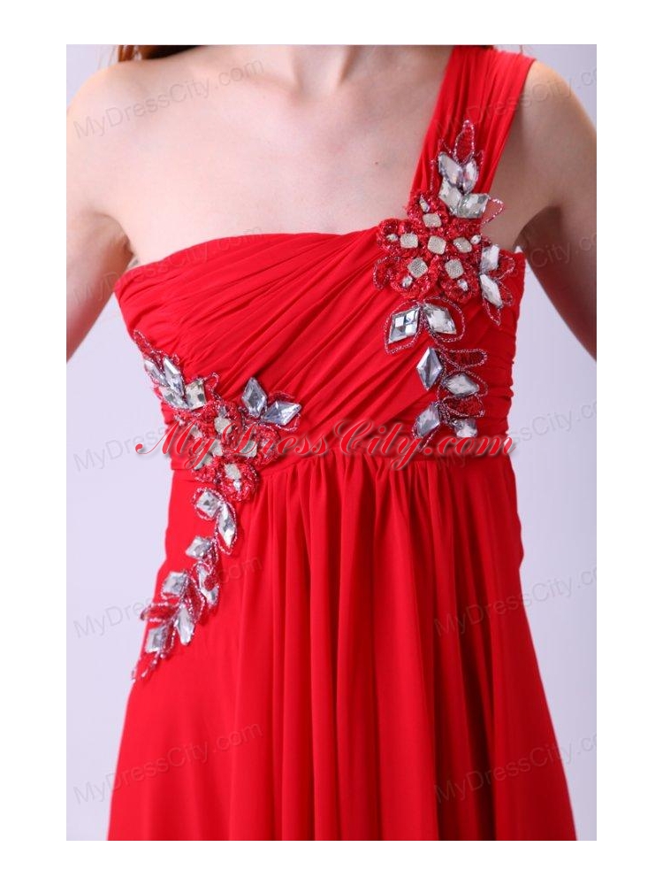 Empire One Shoulder Chiffon Red Prom Dress Beading Floor-length