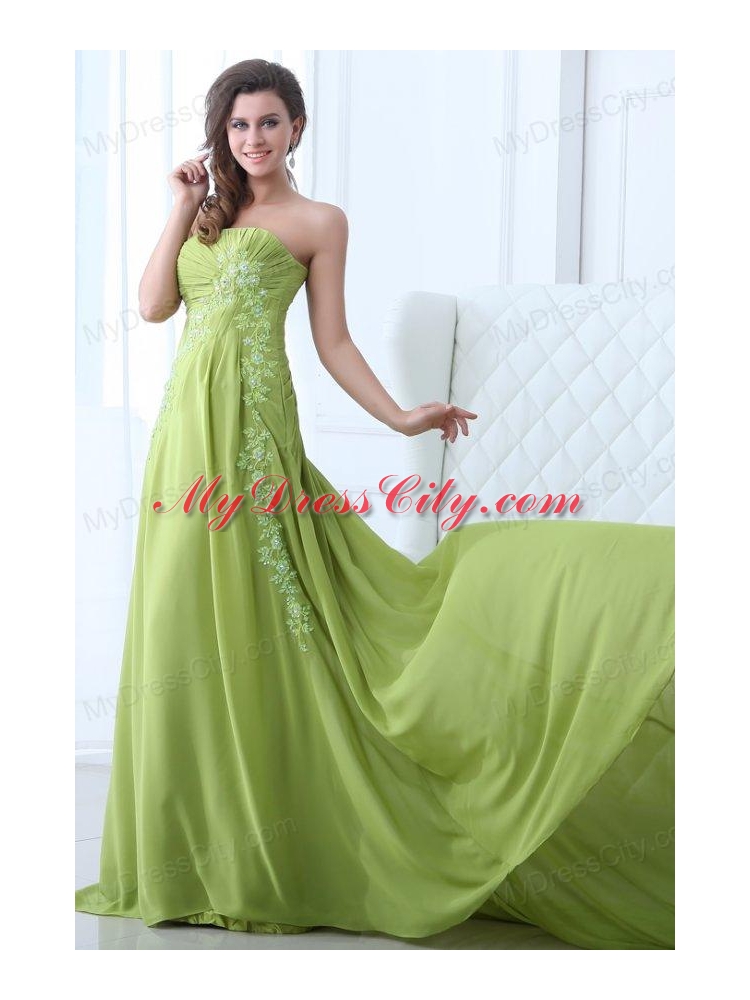 Empire Strapless Yellow Green Appliques and Ruching Prom Dress