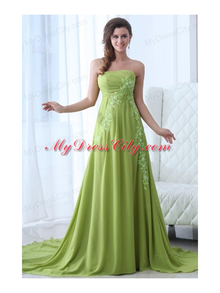 Empire Strapless Yellow Green Appliques and Ruching Prom Dress