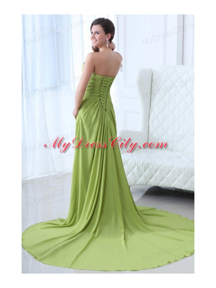 Empire Strapless Yellow Green Appliques and Ruching Prom Dress