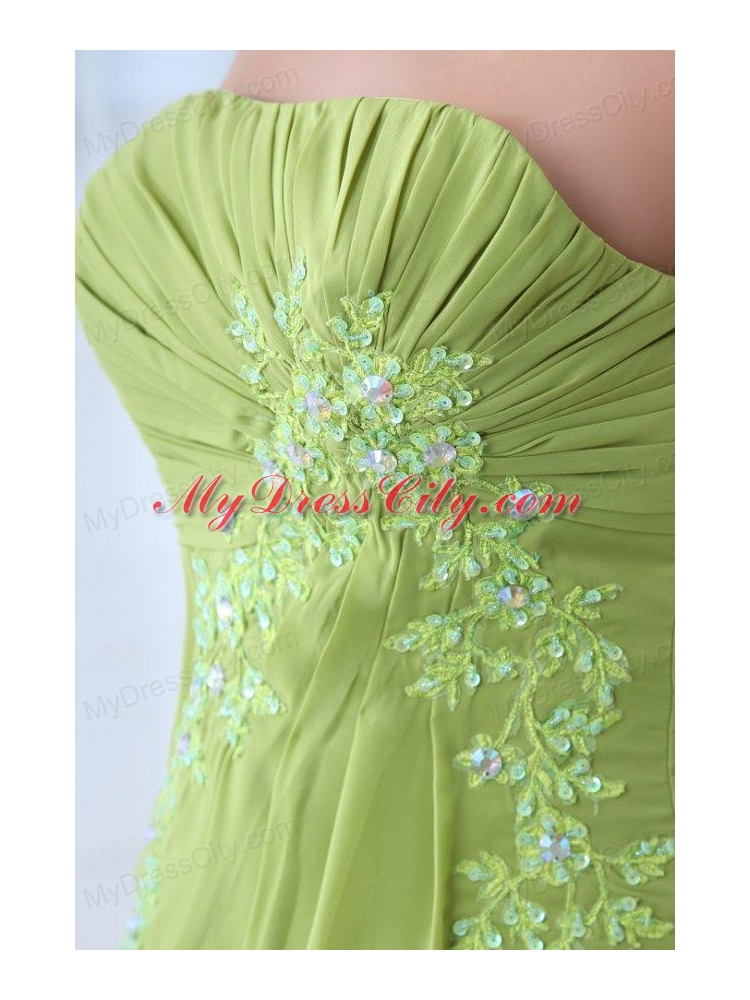 Empire Strapless Yellow Green Appliques and Ruching Prom Dress