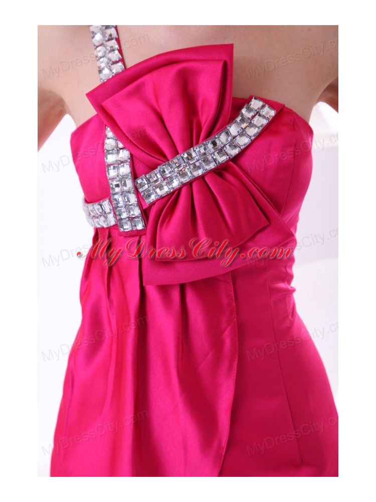 Hot Pink Empire One Shoulder Taffeta Mini-length Prom Dress with Beading