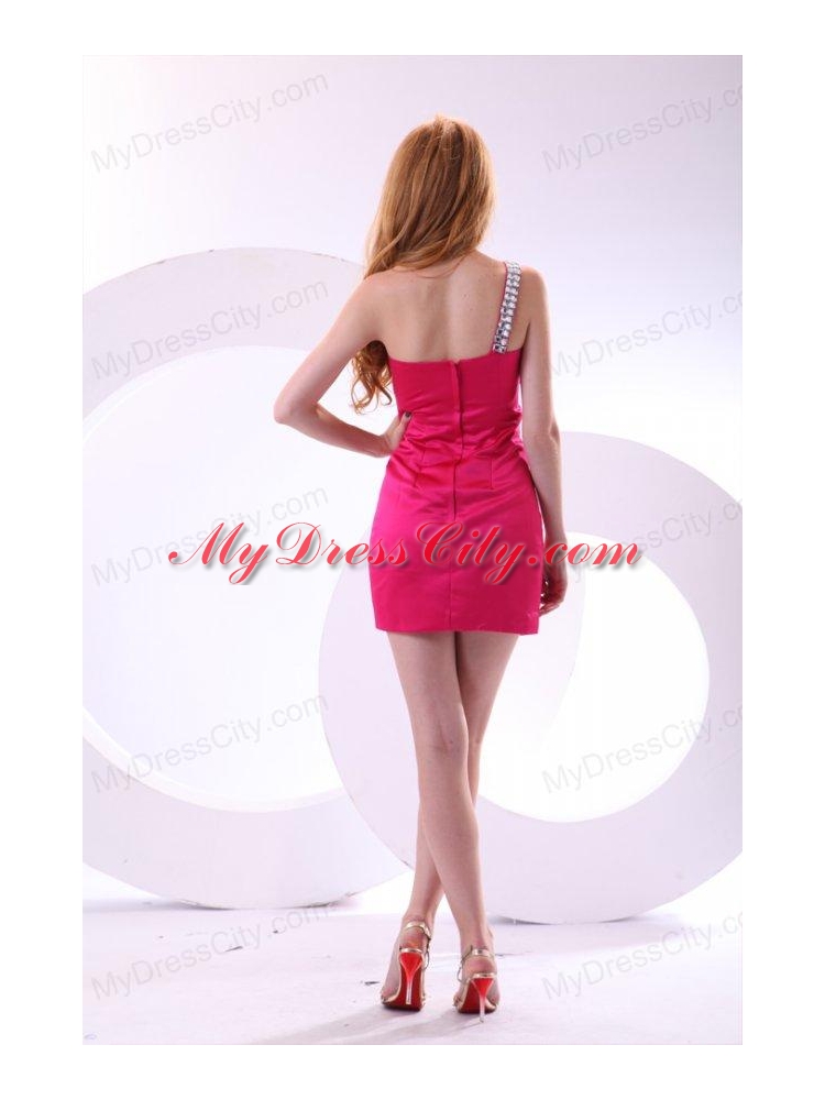 Hot Pink Empire One Shoulder Taffeta Mini-length Prom Dress with Beading