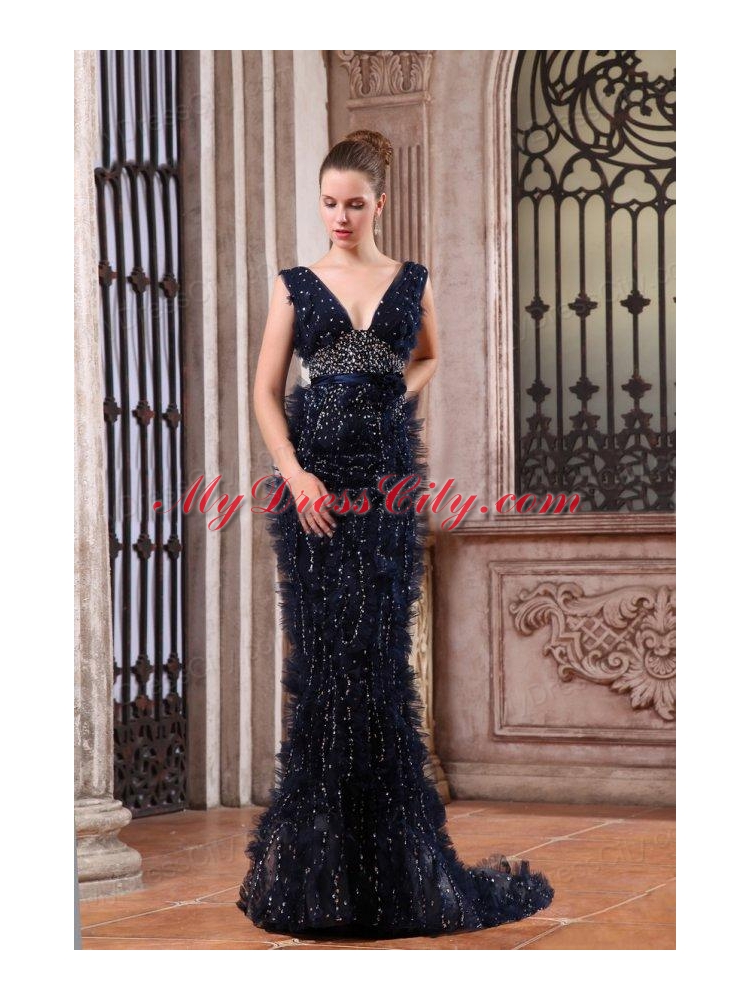 Luxurious Mermaid V-neck Navy Blue Beading Brush Train Prom Dress