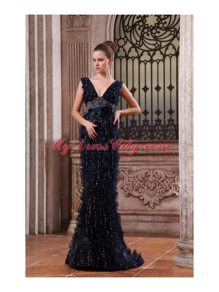 Luxurious Mermaid V-neck Navy Blue Beading Brush Train Prom Dress