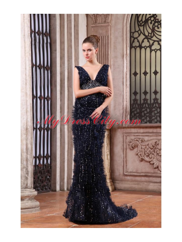 Luxurious Mermaid V-neck Navy Blue Beading Brush Train Prom Dress