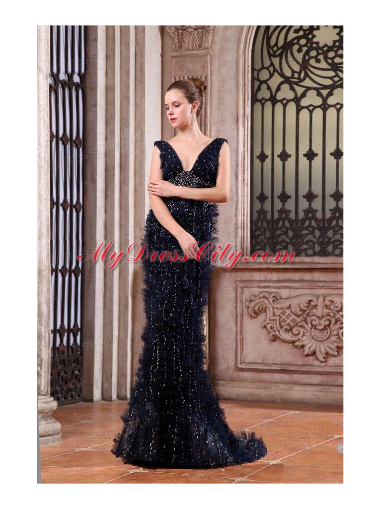 Luxurious Mermaid V-neck Navy Blue Beading Brush Train Prom Dress