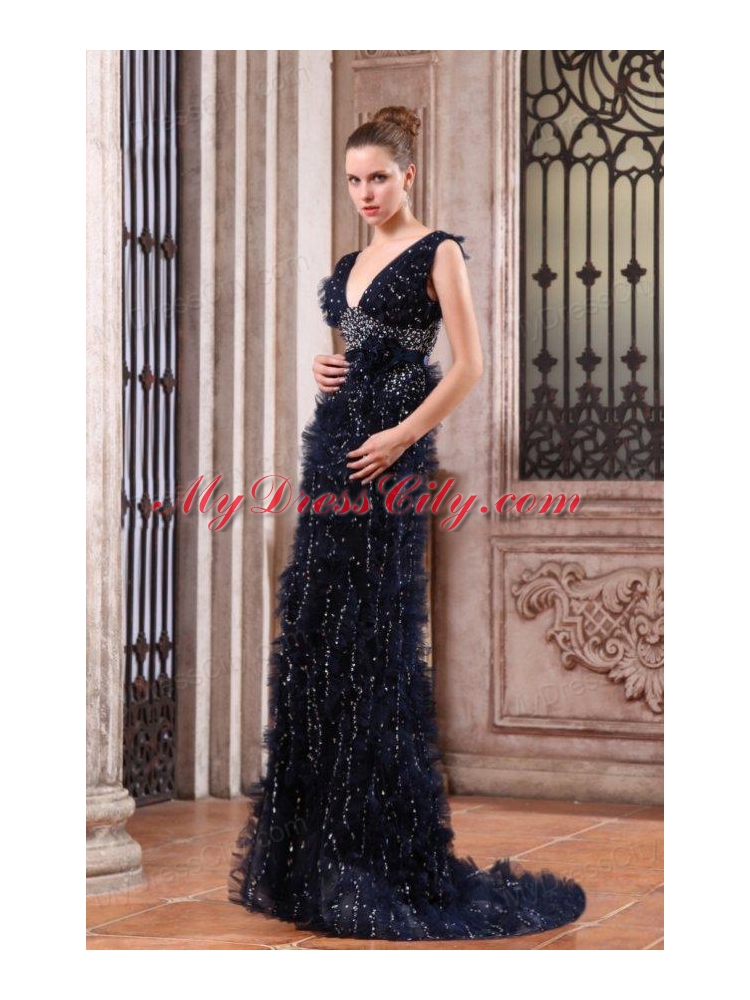 Luxurious Mermaid V-neck Navy Blue Beading Brush Train Prom Dress