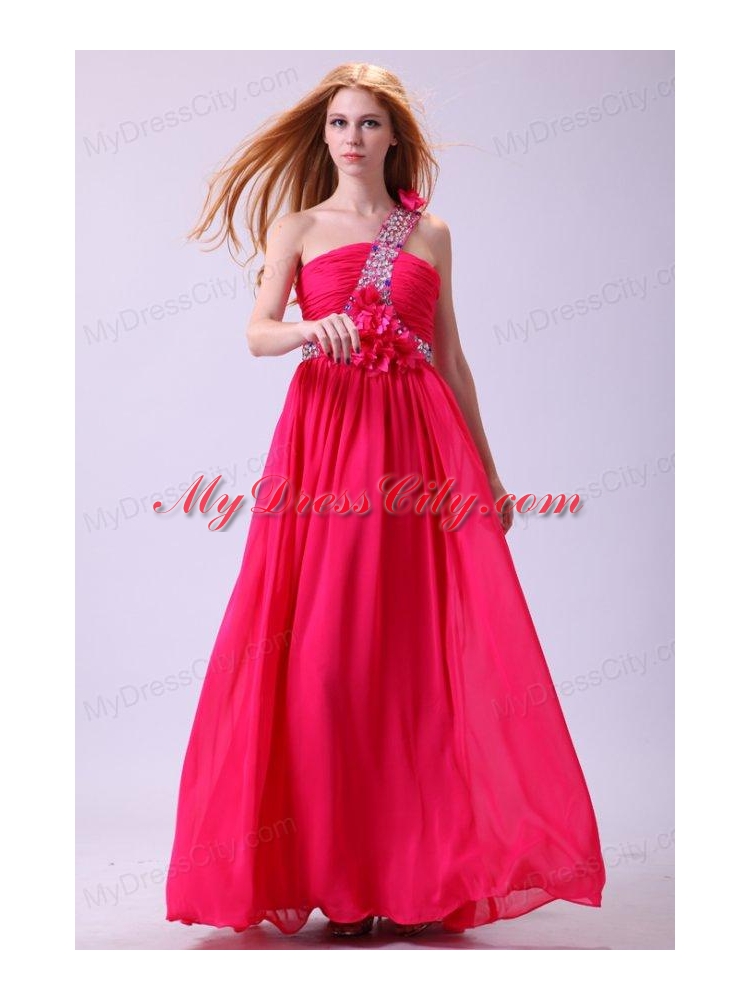 Modest Hot Pink Empire One Shoulder Floor-length Chiffon Prom Dress