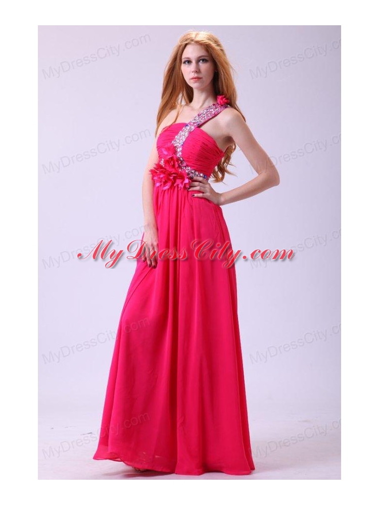 Modest Hot Pink Empire One Shoulder Floor-length Chiffon Prom Dress