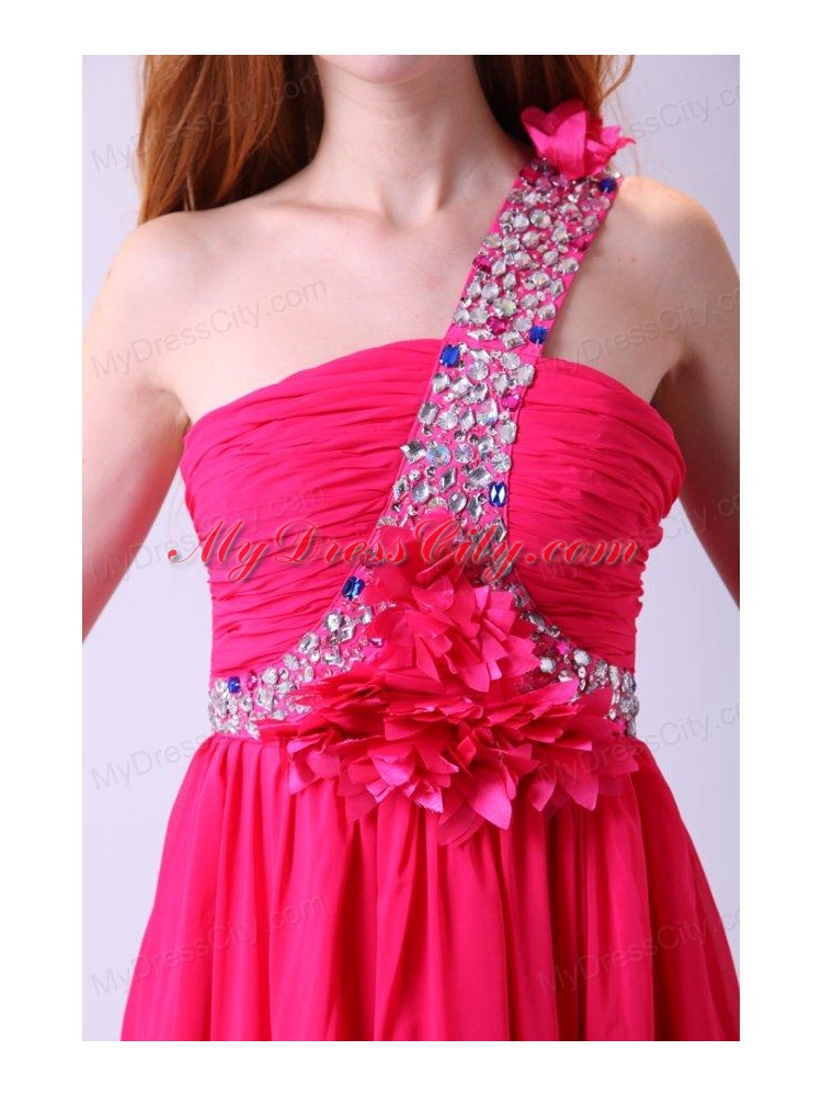 Modest Hot Pink Empire One Shoulder Floor-length Chiffon Prom Dress