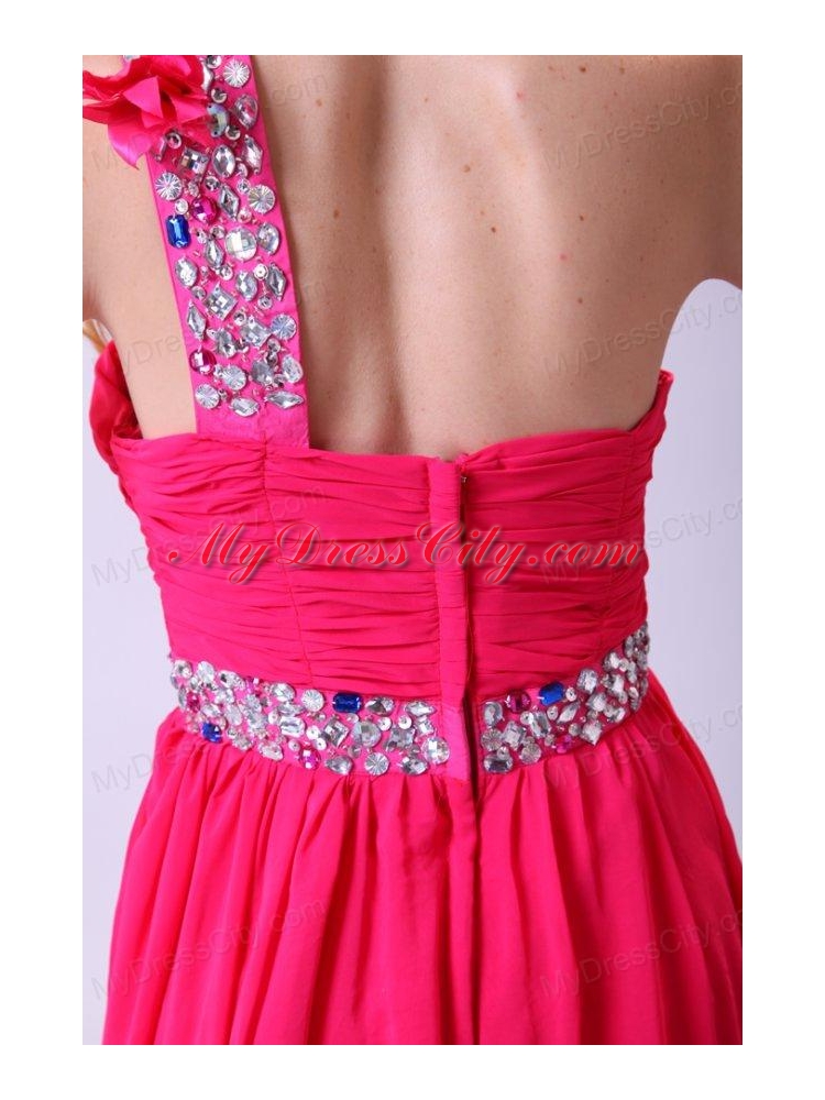 Modest Hot Pink Empire One Shoulder Floor-length Chiffon Prom Dress