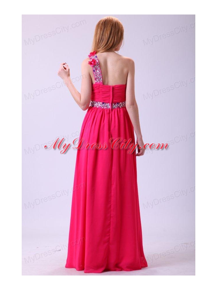 Modest Hot Pink Empire One Shoulder Floor-length Chiffon Prom Dress