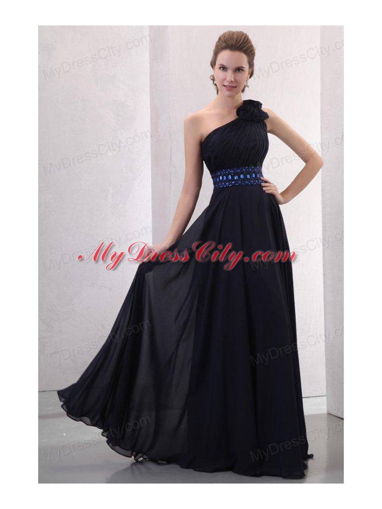 Navy Blue Empire One Shoulder Prom Dress with Beading and Flower