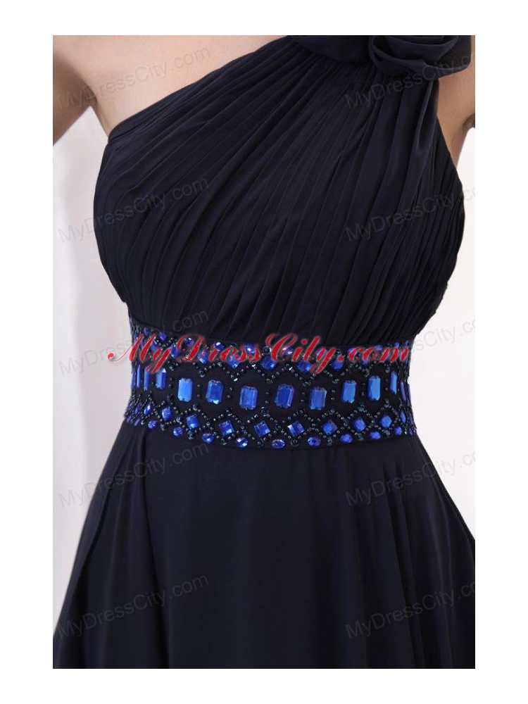 Navy Blue Empire One Shoulder Prom Dress with Beading and Flower