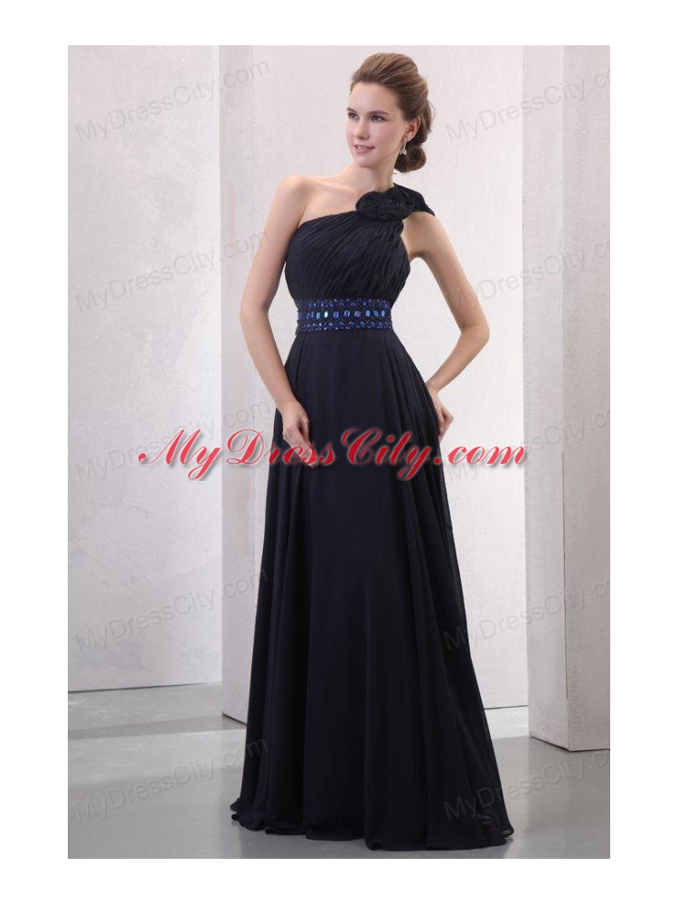 Navy Blue Empire One Shoulder Prom Dress with Beading and Flower