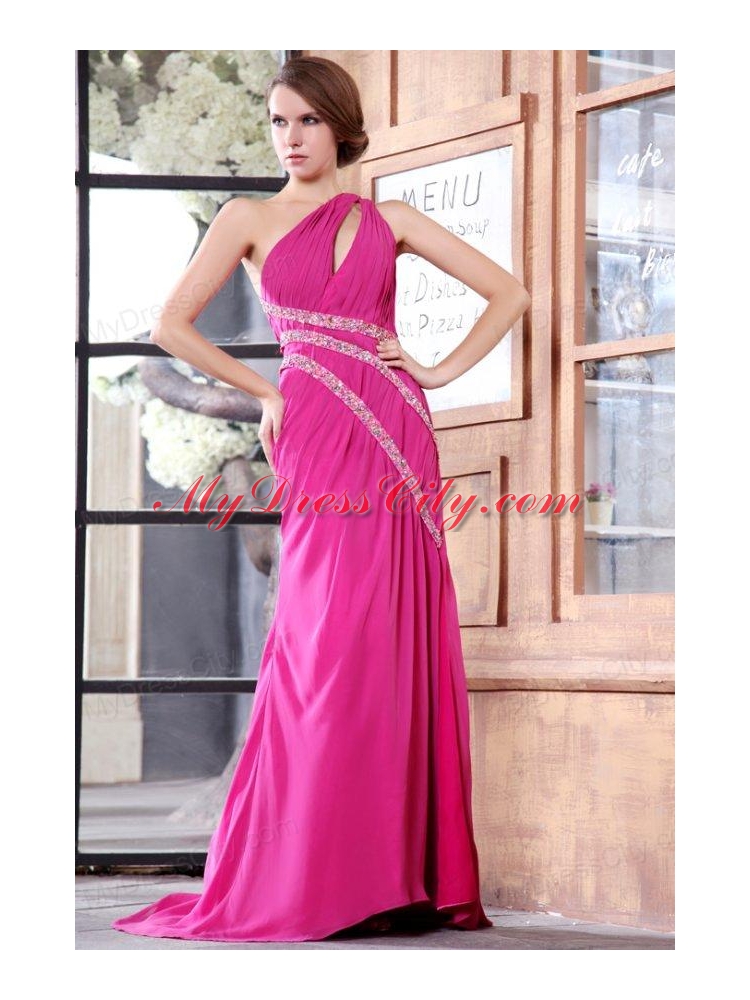 One Shoulder Chiffon Beading Sweep Train Prom Dress in Hot Pink