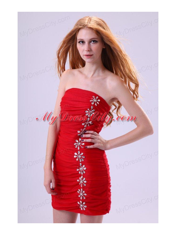 Red Column Strapless Mini-length Beading Taffeta Prom Dress with Beading