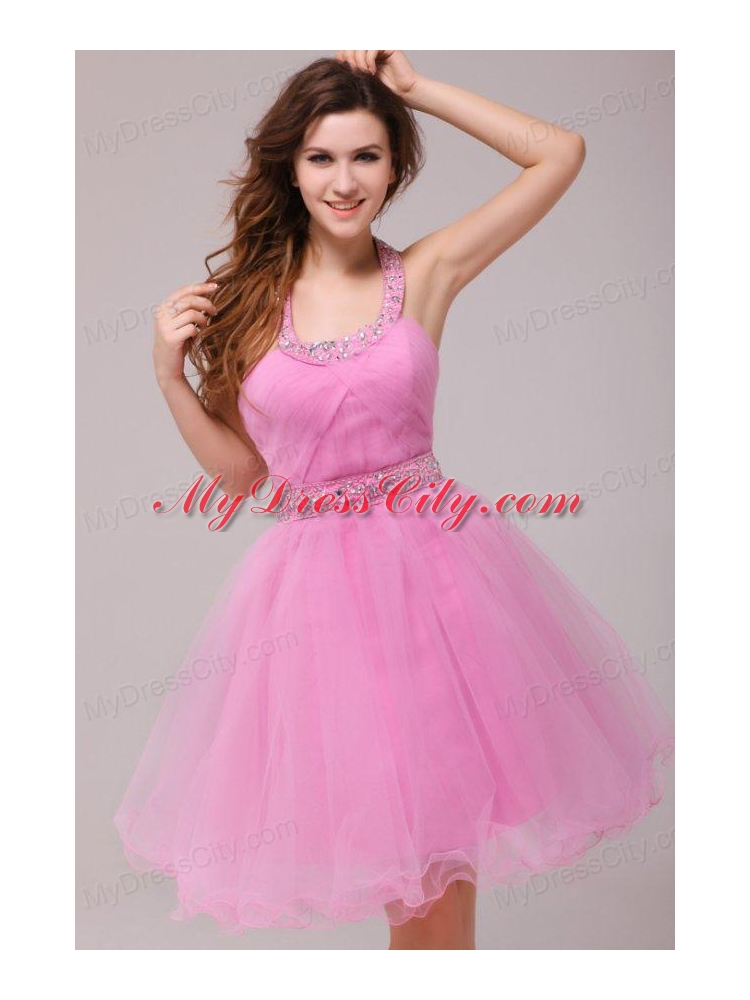 Rose Pink Halter Top Beading and Ruching Prom Dress