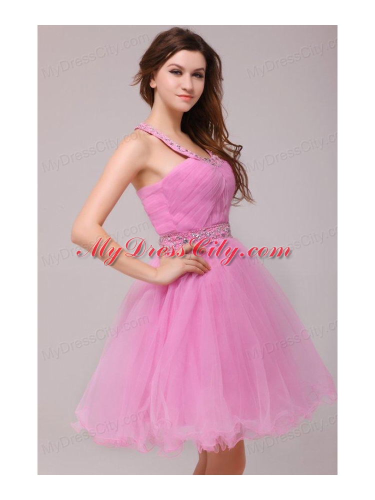 Rose Pink Halter Top Beading and Ruching Prom Dress