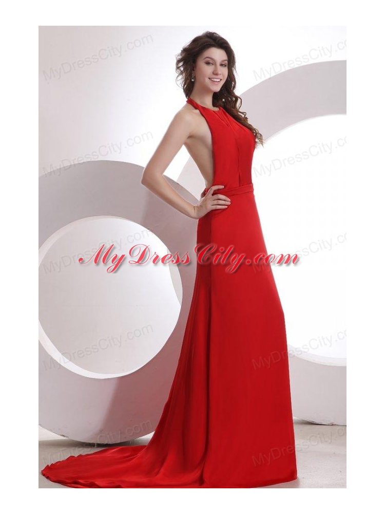 Simple Empire Halter Chiffon Red Brush Train Prom Dress