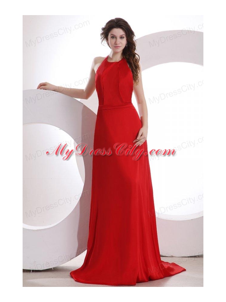 Simple Empire Halter Chiffon Red Brush Train Prom Dress