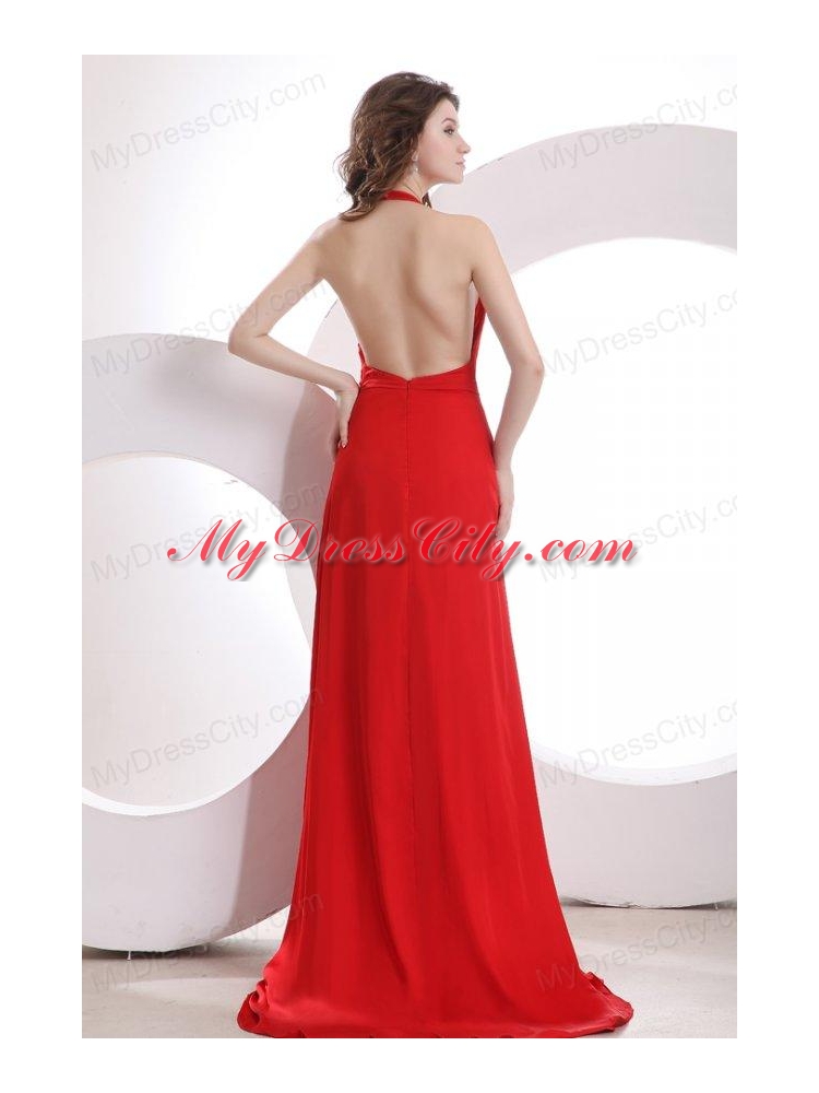 Simple Empire Halter Chiffon Red Brush Train Prom Dress