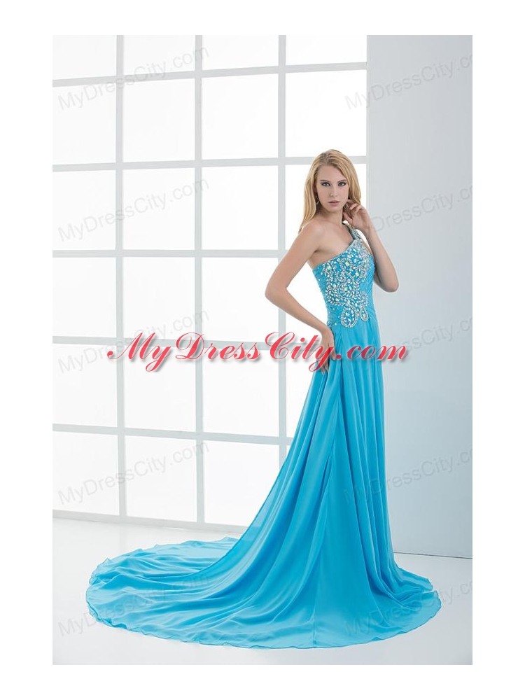 Sky Blue Beading and Ruching Empire One Shoulder Prom Dress with Court Train