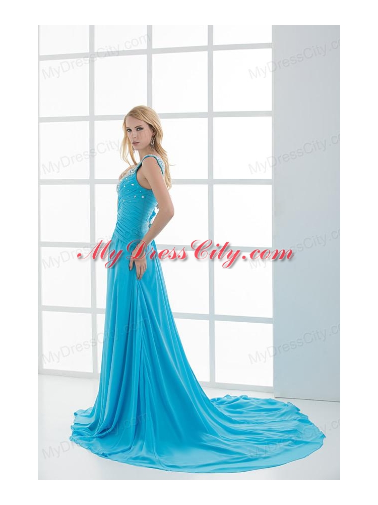 Sky Blue Beading and Ruching Empire One Shoulder Prom Dress with Court Train